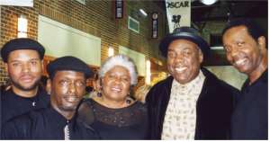 Dorothy reunites with her 1980s touring band at April 2005 gig. From left: Gary Scott, Mike Russell, Dorothy, Forest Gordon, John Alford. 